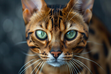 Advertising portrait, bengal cat classic tiger color with big ears, yellow eyes.