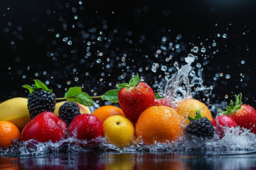 Panoramic wide black background with assortment of fresh fruits and water splashes. Multiple fruits...