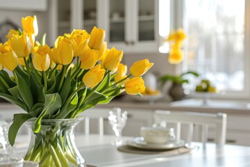 Spring Blossoms: A Stunning Tulip Bouquet Gracing the Dining Table in a Bright Kitchen Home Interior