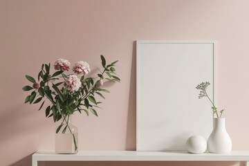 Scandinavian Style Poster Frame: Modern 3D Interior Decoration with Floral Design