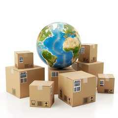 A recyclable cardboard box enclosing an Earth globe, international transportation, freight or cargo shipping business concept.