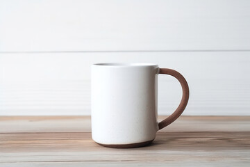 Fototapeta na wymiar Simple White Ceramic Mug on Wooden Table with Blank Space - Mockup for Cafe Promotion