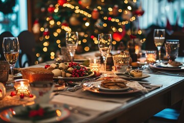 Winter Celebration: Festive Christmas Dinner Table Setting with Seasonal Decor
