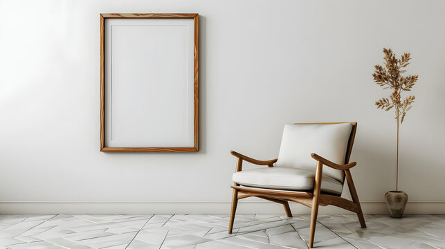 Blank picture frame mockup on white wall. White living room design. View of modern Boho style interior with chair. Home staging and minimalism concept