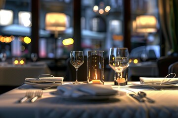 Contemporary fine dining restaurant concept, restaurant table, Wine glasses in the restaurant table, Dining table in the luxury restaurant,