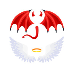 Halo and black devil wings with red daemon horns. Angel and devil. Good and bad. Vector illustration
