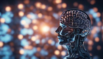 Artificial metal brain. Artificial intelligence. Ski-fi concept. Fantastic illustration