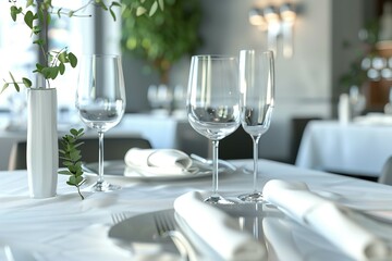 Fototapeta premium Contemporary fine dining restaurant concept, restaurant table, Wine glasses in the restaurant table, Dining table in the luxury restaurant,