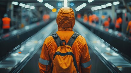 Back view of a baggage handler with an orange jacket. Generative AI.