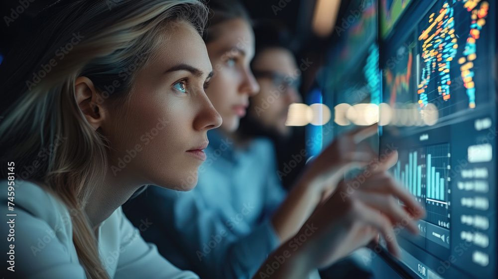 Poster Group of people looking at data analysis on digital monitor displaying various marketing data. Generative AI.