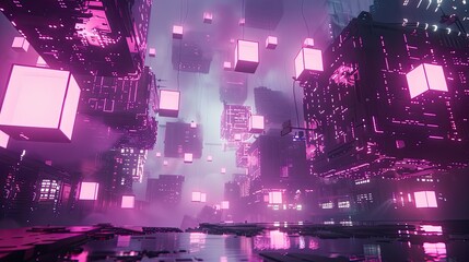 Cyberpunk city with blockchain technology at its core, showcasing neon-lit data blocks and elves navigating the digital landscape