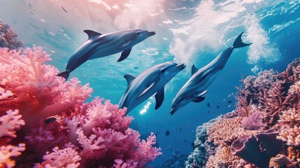 Fototapeta premium Dolphins leaping joyfully near a vibrant coral reef, with the radiant colors of a supernova explosion shimmering on the water's surface