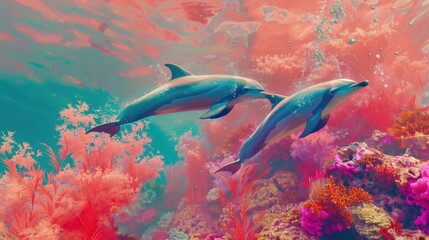 Dolphins leaping joyfully near a vibrant coral reef, with the radiant colors of a supernova explosion shimmering on the water's surface