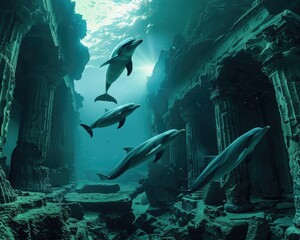 Dolphins swimming through ruins under the sea, evoking the lost world of Ancient Greece, illuminated by a supernova's light