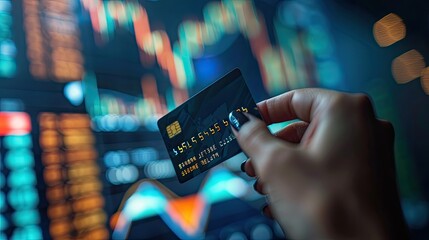 Elegant hand holding credit card with dynamic holographic projections of stocks and wealth growth graphs, future of finance concept - obrazy, fototapety, plakaty