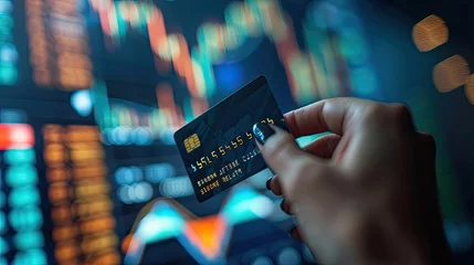 Foto op Canvas Elegant hand holding credit card with dynamic holographic projections of stocks and wealth growth graphs, future of finance concept © AI Farm