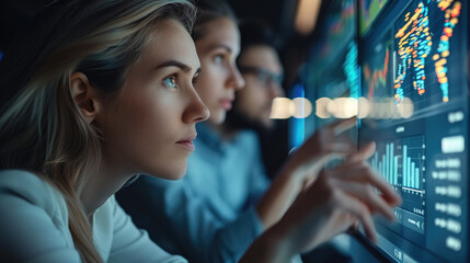 Group of people looking at data analysis on digital monitor displaying various marketing data. Generative AI.