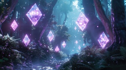Ethereal elves mining blockchain in a luminous, enchanted forest, technology meets fantasy