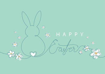 easter card with hand drawn bunny in line art style and lettering, isolated vector illustration,template for banner,social media post,greeting card,wallpaper,modern design 