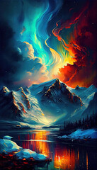 Mystical scenic glacial fantasy dreamscape aurora. Ai generated. - obrazy, fototapety, plakaty