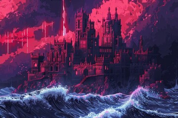 Futuristic pixel art vampire castle with advanced technology and looming tsunami in the background