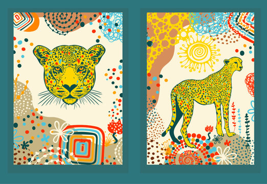 Colored posters with a cheetah. hand drawing. Not AI, Vector illustration