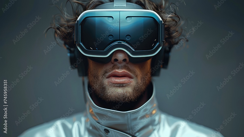 Aufkleber a man immersed in virtual reality, adorned with minimalist and elegant goggles that seamlessly blend