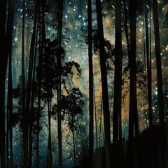 Surreal dark matter universe with bamboo forest silhouette, merging cosmic mystery with earthly grace