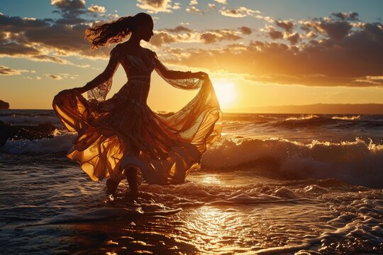 Coastal Rhythms: A Captivating Image of a Woman Dancing in a Wonderful Dress by the Sea at Sunset, Expressing the Joys of Samba and Flamenco.




