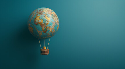 Weltreise Abenteuer Marketing Bild mit Globus und Heißluftballon Märchenhafte Darstellung mit Büchern und Wanderer Generative AI - obrazy, fototapety, plakaty