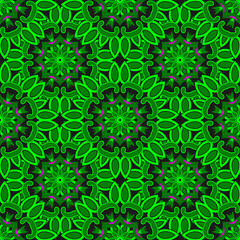Seamless pattern with complex floral composition. Green color palette. Vector illustration