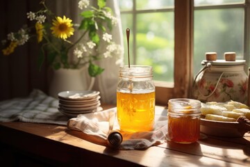 Golden honey jars with dipper, walnut cake, and wildflowers on rustic kitchen table by the morning light