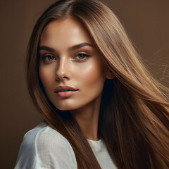 Young model with shiny long hair and fresh natural look make up. Studio shot,blur background. 