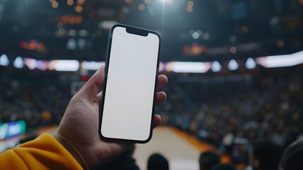 Man fan hands holding isolated smartphone device in basketball crowed stadium game with blank empty white screen, sports betting concept - obrazy, fototapety, plakaty
