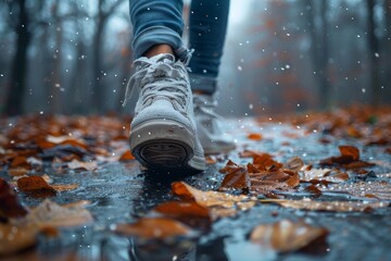 Close-up of white sneakers walking through wet autumn leaves on the ground