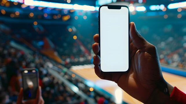 Man fan hands holding isolated smartphone device in basketball crowed stadium game with blank empty white screen, sports betting concept