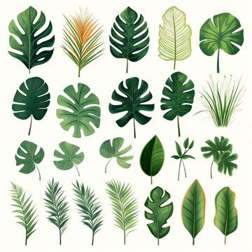 Flowers set graphic elements, tropical leaves flowers themed clipart, monstera