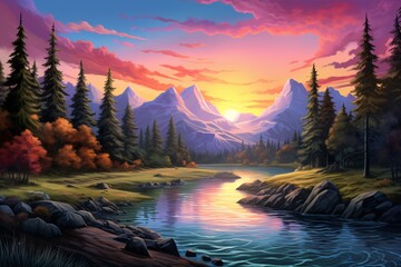 a river with trees and mountains in the background