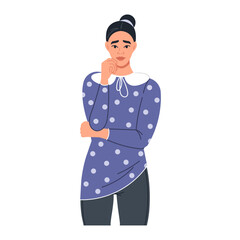 A beautiful brunette in casual clothes. A young woman rests her chin on her hand. Posing. Vector illustration in a flat style, isolated on a white background