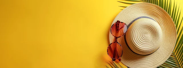Gordijnen Vacation summer holiday travel tropical ocean sea banner panorama greeting card - Close up of straw hat, sunglasses and palm tree leaves, isolated on yellow background, top view, flat lay © Corri Seizinger