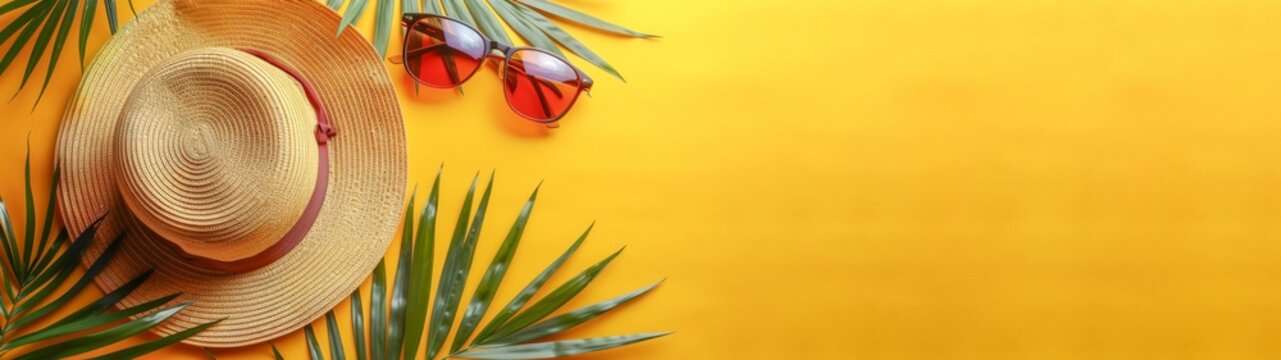 Vacation Summer Holiday Travel Tropical Ocean Sea Banner Panorama Greeting Card - Close Up Of Straw Hat, Sunglasses And Palm Tree Leaves, Isolated On Yellow Background, Top View, Flat Lay