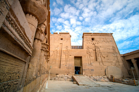 Philae temple complex, an island-based temple complex in the reservoir of the Aswan Low Dam, downstream of the Aswan Dam and Lake Nasser, Egypt