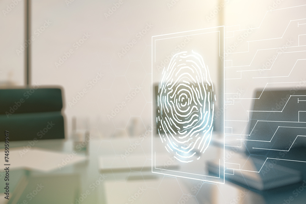 Aufkleber abstract creative fingerprint illustration and modern desktop with pc on background, personal biomet