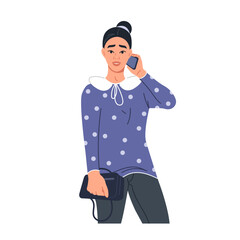 A young stylish brunette woman is talking on the phone. A female character in business clothes with a smartphone. Human poses. Posing. Vector illustration in a flat style