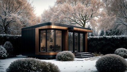 modern wooden house in winter garden with snow