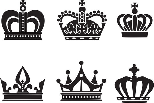 Crown silhouette icons set. Collections of queen tiara. Emperor crowns, King diamond coronation crowning. High HD resolution images for reuse in designing games poster or banner.