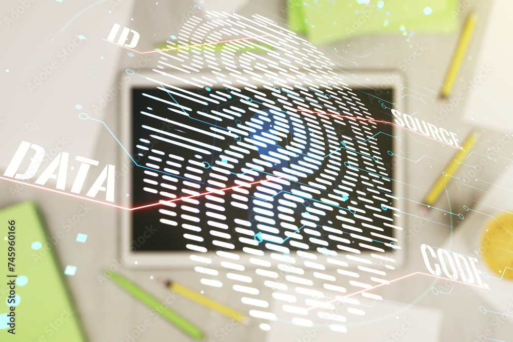 Poster multi exposure of creative fingerprint hologram and digital tablet on background, top view, personal