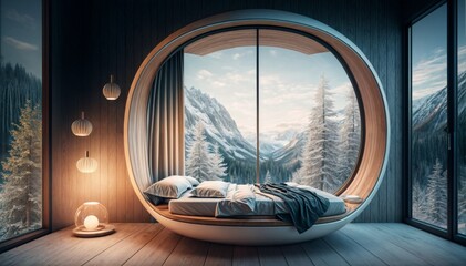 Interior of modern bedroom with wooden walls, wooden floor, comfortable king size bed and round window with mountain view.