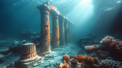 Underwater city of Neptune with blockchain patterns illuminating ancient Greek ruins amidst vibrant coral reefs - obrazy, fototapety, plakaty