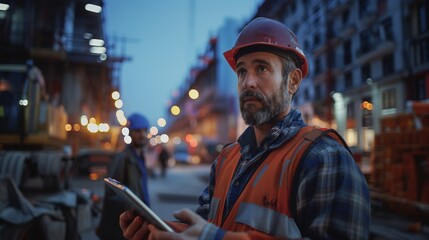 Portrait of a Caucasian male construction worker using digital tablet at night.
